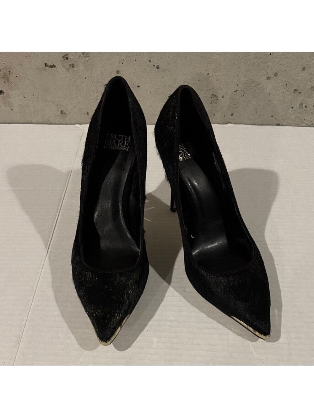 Truth or Dare by Madonna Gold Accented Black Calf Hair Pointed Toe Pumps-SZ 9.5